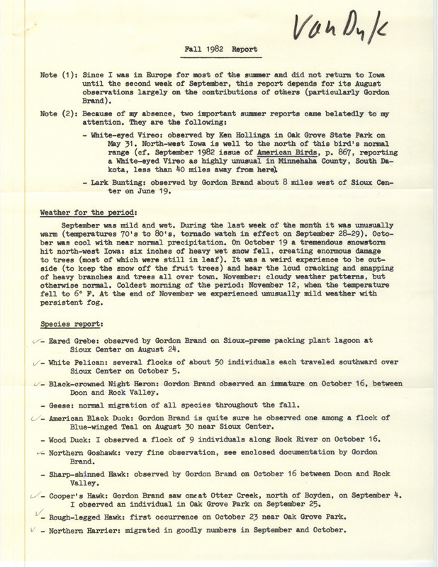 Field notes were contributed by John Van Dyk and other observers. This item was used as supporting documentation for the Iowa Ornithologists' Union Quarterly field report of fall 1982.