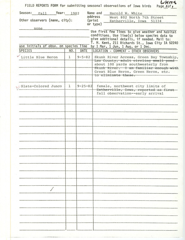 Field notes were contributed by Harold W. White. This item was used as supporting documentation for the Iowa Ornithologists' Union Quarterly field report of fall 1982.