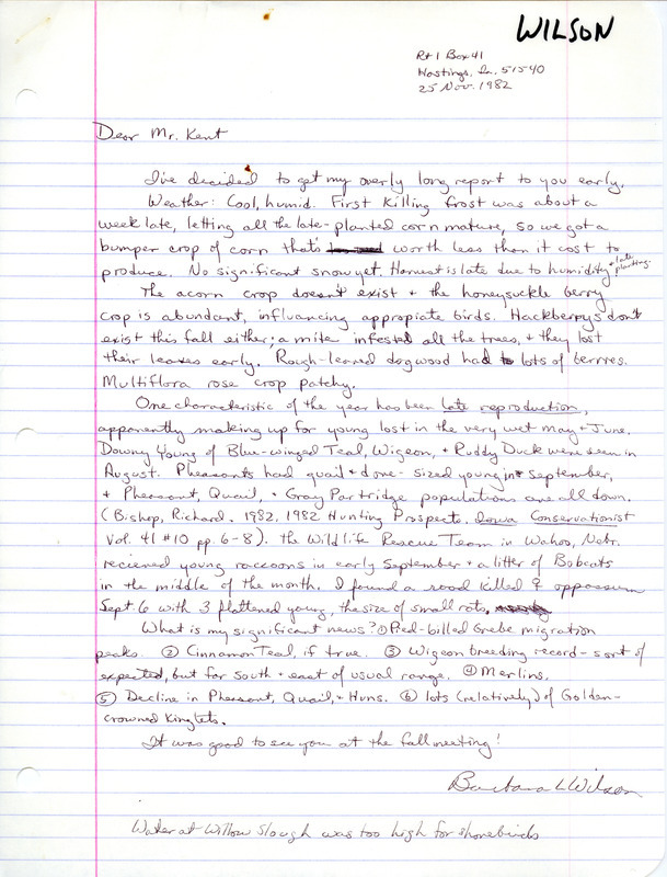 Field notes contributed by Barbara L. Wilson in a letter to Thomas H. Kent. This item was used as supporting documentation for the Iowa Ornithologists' Union Quarterly field report of fall 1982.