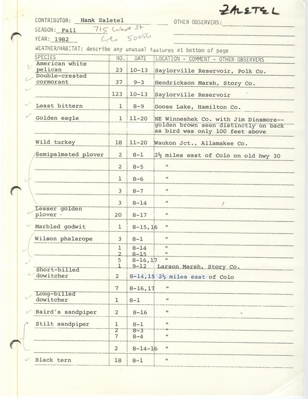 Field notes were contributed by Hank Zaletel. This item was used as supporting documentation for the Iowa Ornithologists' Union Quarterly field report of fall 1982.