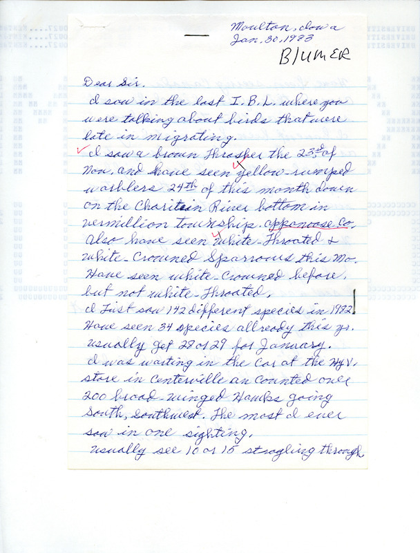 Letter from Dwight N. Blumer to Thomas H. Kent regarding winter bird sightings, January 30, 1983. This item was used as supporting documentation for the Iowa Ornithologists' Union Quarterly field report of winter 1982-1983.