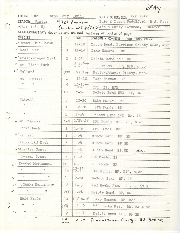 Winter report of birds contributed by Tanya Bray. Also included is a letter from Bray to Thomas H. Kent regarding a sighting of an unusual looking duck. This item was used as supporting documentation for the Iowa Ornithologists' Union Quarterly field report of winter 1982-1983.