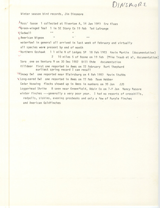 Winter report of birds and locations contributed by James J. Dinsmore. This item was used as supporting documentation for the Iowa Ornithologists' Union Quarterly field report of winter 1982-1983.