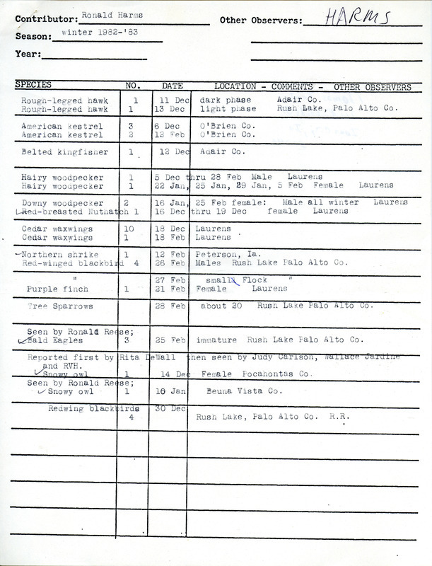 Winter report of birds found in northwest Iowa contributed by Ronald Harms. Also included is a brief note from Harms to Thomas H. Kent about a Snowy Owl sighting. This item was used as supporting documentation for the Iowa Ornithologists' Union Quarterly field report of winter 1982-1983.