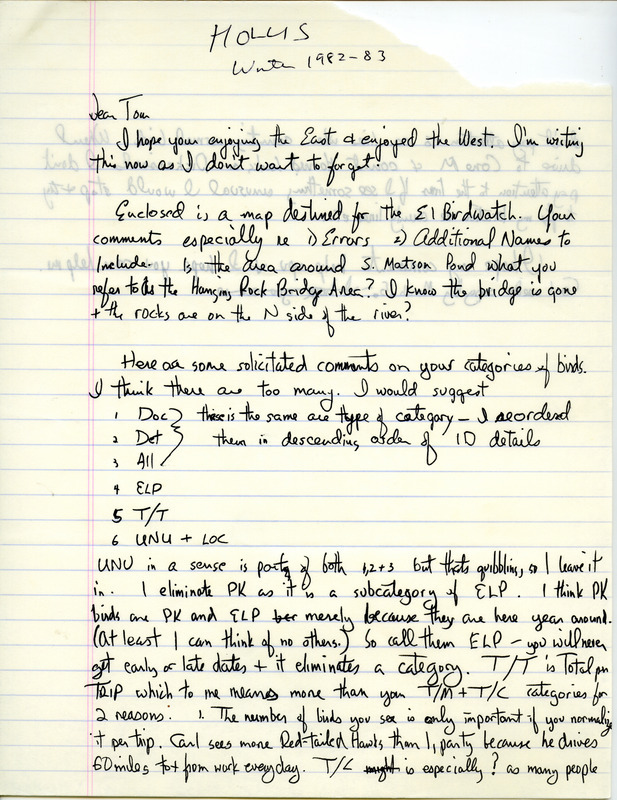 Letter from Richard Jule Hollis to Thomas H. Kent regarding categories of birds. This item was used as supporting documentation for the Iowa Ornithologists' Union Quarterly field report of 1982-1983.