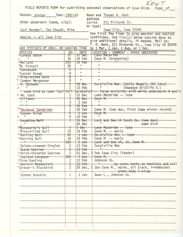 Winter report of birds found in eastern Iowa contributed by Thomas H. Kent. This item was used as supporting documentation for the Iowa Ornithologists' Union Quarterly field report of winter 1982-1983.