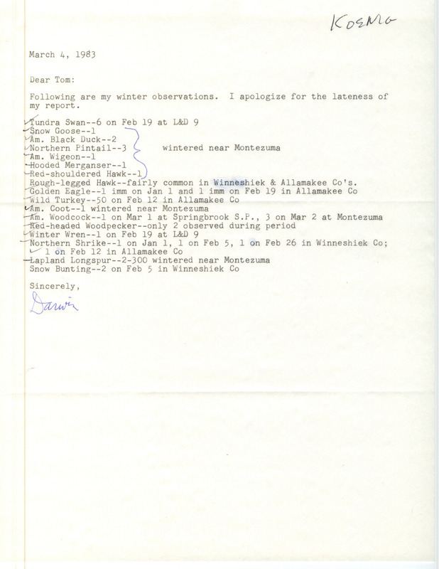 Letter from Darwin Koenig to Thomas H. Kent regarding winter bird sightings, March 4, 1983. This item was used as supporting documentation for the Iowa Ornithologists' Union Quarterly field report of winter 1982-1983.