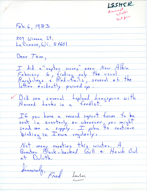 Letter from Fred Lesher to Thomas H. Kent regarding a raptor survey and winter bird sightings, February 6, 1983. This item was used as supporting documentation for the Iowa Ornithologists' Union Quarterly field report of winter 1982-1983.