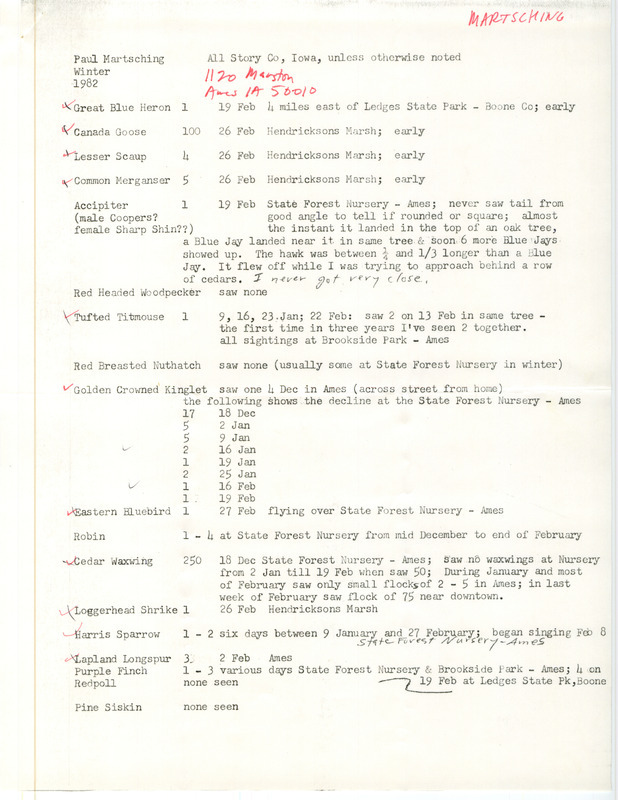 Winter report of birds found in central Iowa contributed by Paul Martsching. This item was used as supporting documentation for the Iowa Ornithologists' Union Quarterly field report of winter 1982-1983.