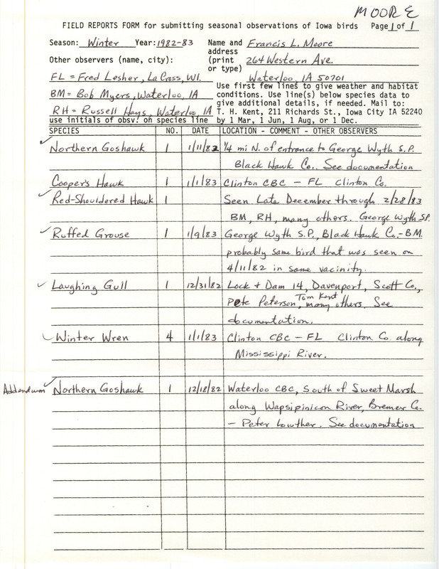 Winter report of birds and locations contributed by Francis L. Moore. This item was used as supporting documentation for the Iowa Ornithologists' Union Quarterly field report of winter 1982-1983.