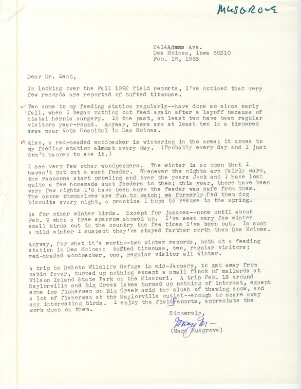 Letter from Mary R. Musgrove to Thomas H. Kent regarding additional winter bird sightings, February 16, 1983. This item was used as supporting documentation for the Iowa Ornithologists' Union Quarterly field report of winter 1982-1983.