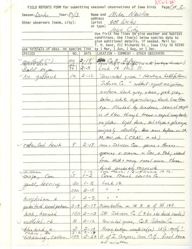 Winter report of birds found in eastern Iowa contributed by Michael C. Newlon. This item was used as supporting documentation for the Iowa Ornithologists' Union Quarterly field report of winter 1982-1983.