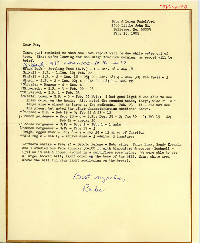 Letter from Babs Padelford to Thomas H. Kent regarding winter bird sightings, February 25, 1983. This item was used as supporting documentation for the Iowa Ornithologists' Union Quarterly field report of winter 1982-1983.