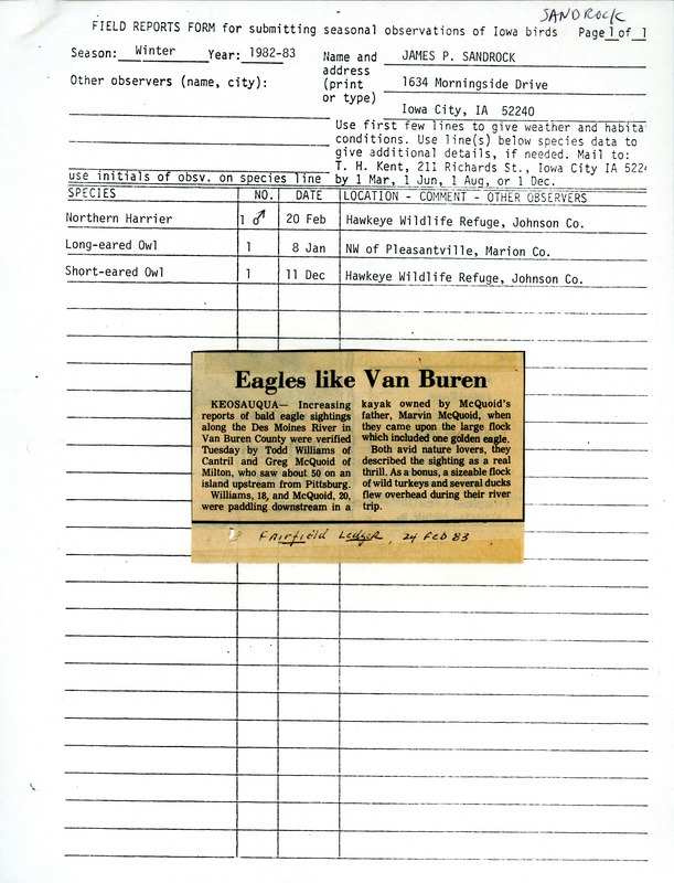 Winter report of birds contributed by James P. Sandrock. An attached clipping from the Fairfield Ledger dated February 24, 1983, describes a sighting of 50 Bald Eagles in Van Buren County. This item was used as supporting documentation for the Iowa Ornithologists' Union Quarterly field report of winter 1982-1983.