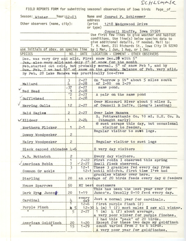 Winter report of birds found in western Iowa contributed by Conrad F. Schlemmer. This item was used as supporting documentation for the Iowa Ornithologists' Union Quarterly field report of winter 1982-1983.