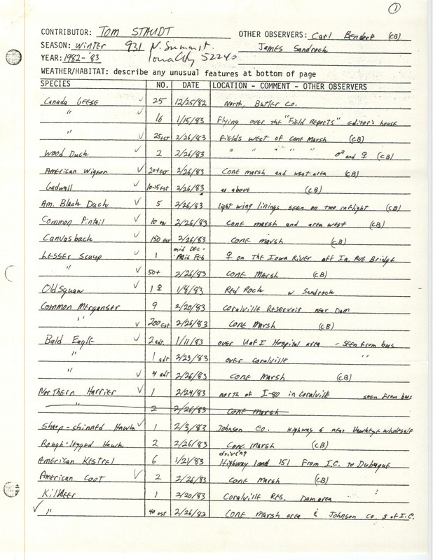 Winter report of birds and locations contributed by Thomas J. Staudt. This item was used as supporting documentation for the Iowa Ornithologists' Union Quarterly field report of 1982-1983.