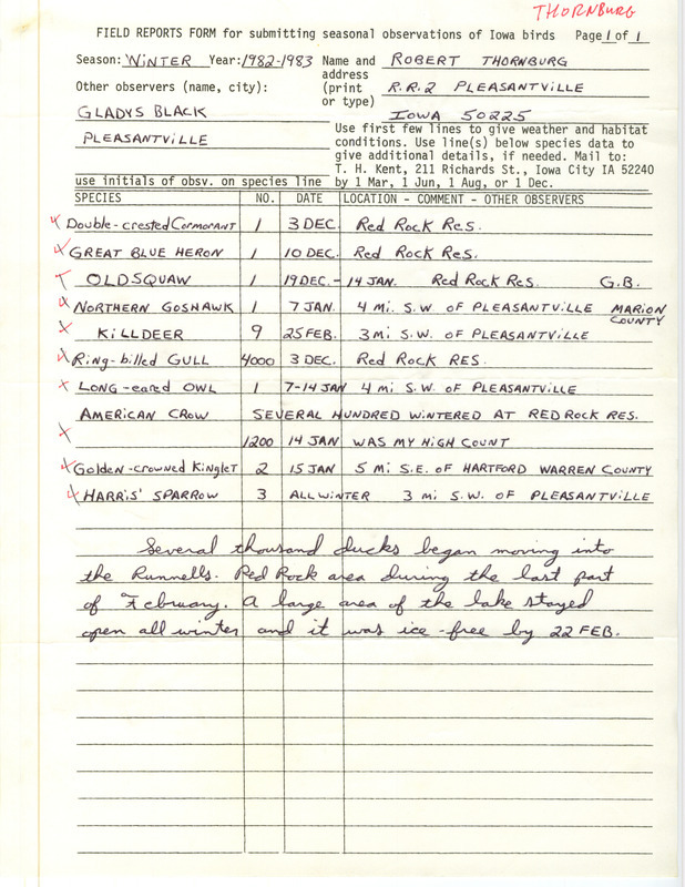 Winter report of birds found in central Iowa contributed by Robert E. Thornburg. This item was used as supporting documentation for the Iowa Ornithologists' Union Quarterly field report of winter 1982-1983.