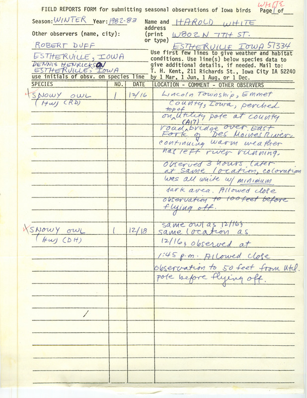 Winter report of Snowy Owl sightings found in Lincoln Township, Emmet County, contributed by Harold W. White. This item was used as supporting documentation for the Iowa Ornithologists' Union Quarterly field report of winter 1982-1983.