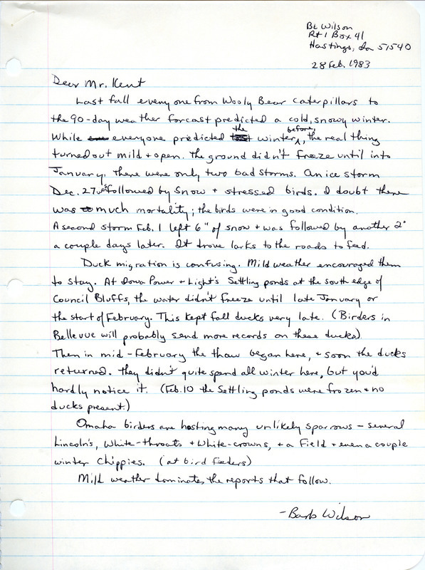 Letter from Barbara L. Wilson to Thomas H. Kent regarding winter bird sightings, February 28, 1983. A population report covering 1978 through February 1983 for the Hairy Woodpecker is included. This item was used as supporting documentation for the Iowa Ornithologists' Union Quarterly field report of winter 1982-1983.