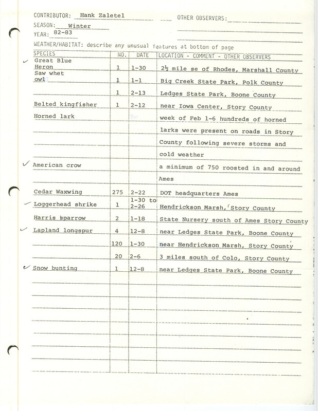 Winter report of birds found in central Iowa contributed by Hank Zaletel. This item was used as supporting documentation for the Iowa Ornithologists' Union Quarterly field report of winter 1982-1983.