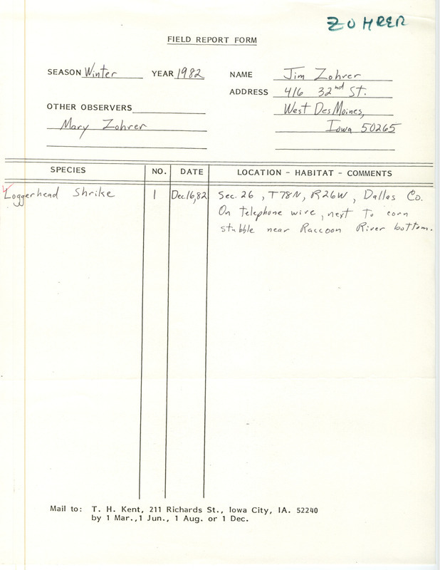 Winter report about a Loggerhead Shrike sighting contributed by James J. Zohrer. This item was used as supporting documentation for the Iowa Ornithologists' Union Quarterly field report of winter 1982-1983.