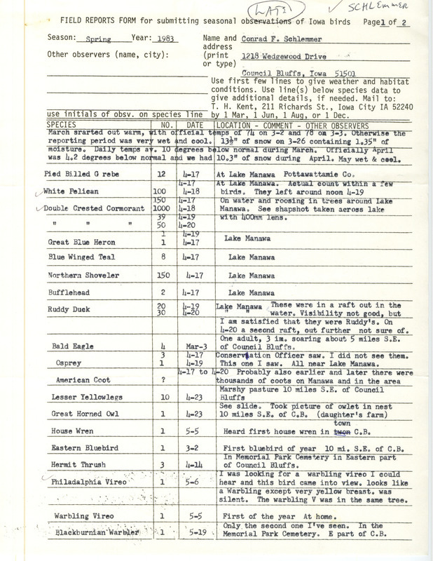 Spring report of birds found in and around Council Bluffs contributed by Conrad F. Schlemmer. This item was used as supporting documentation for the Iowa Ornithologists' Union Quarterly field report of spring 1983.