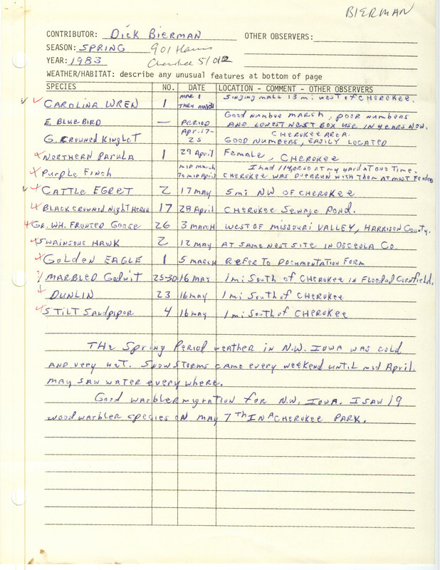 Spring report of birds found in northwest Iowa contributed by Dick Bierman. This item was used as supporting documentation for the Iowa Ornithologists' Union Quarterly field report of spring 1983.