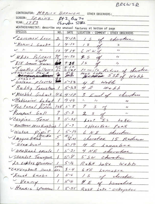 Spring report of birds found in northwest Iowa contributed by Marion M. Brewer. This item was used as supporting documentation for the Iowa Ornithologists' Union Quarterly field report of spring 1983.