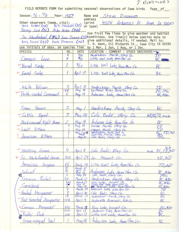 Spring report of birds found in central Iowa contributed by Stephen J. Dinsmore. A note indicating the dates and amount of time observing birds at the Ames High School Prairie is included. This item was used as supporting documentation for the Iowa Ornithologists' Union Quarterly field report of spring 1983.