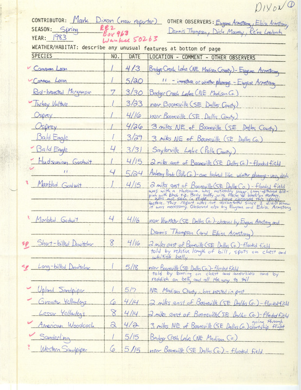 Spring report of birds found in central Iowa contributed by Mark D. Dixon. This item was used as supporting documentation for the Iowa Ornithologists' Union Quarterly field report of spring 1983.