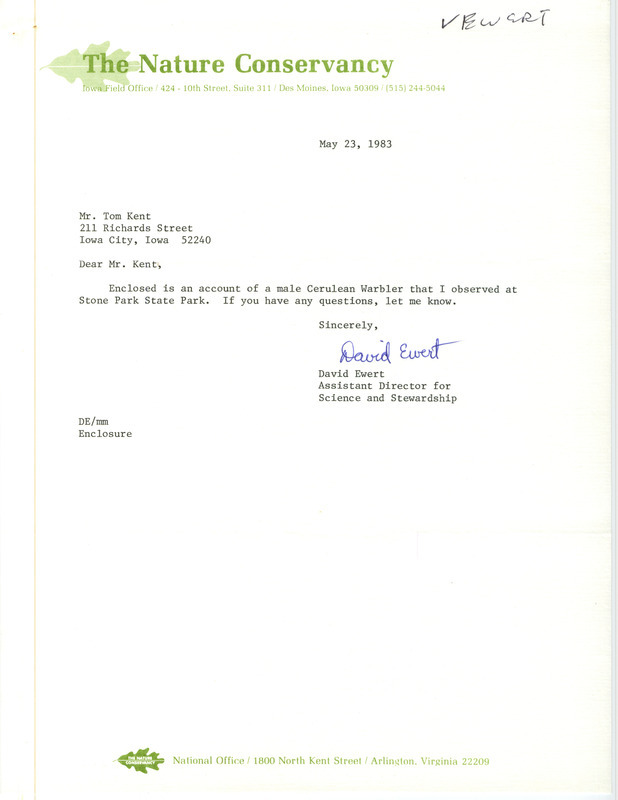 Letter from David Ewert to Thomas H. Kent regarding a Cerulean Warbler sighting. This item was used as supporting documentation for the Iowa Ornithologists' Union Quarterly field report of spring 1983.