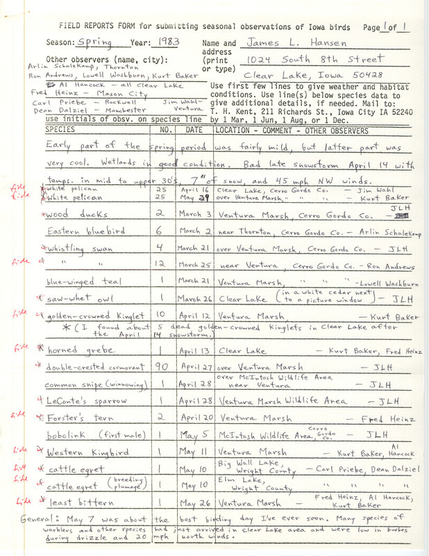 Letter with accompanying field notes from James L. Hansen to Thomas H. Kent regarding spring bird sightings in north central Iowa, June 1, 1983. This item was used as supporting documentation for the Iowa Ornithologists' Union Quarterly field report of spring 1983.