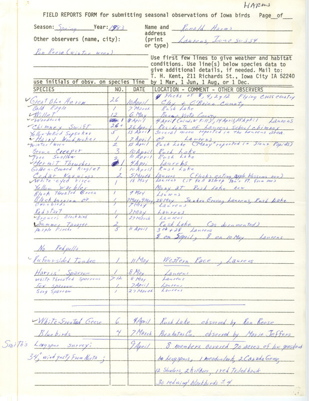 Spring report of birds found in northwest Iowa contributed by Ronald Harms. This item was used as supporting documentation for the Iowa Ornithologists' Union Quarterly field report of spring 1983.