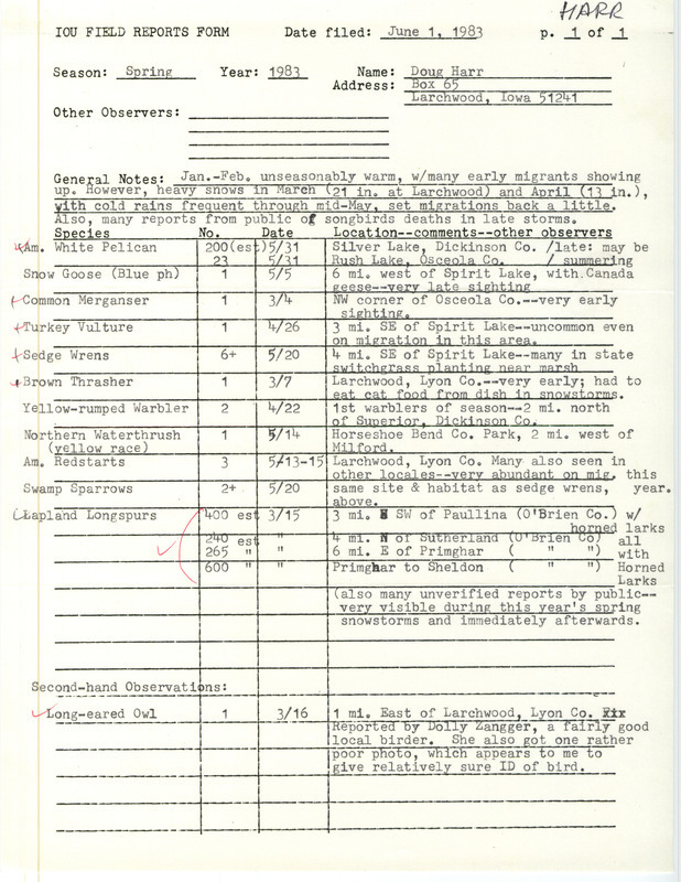 Spring report of birds found in northwest Iowa contributed by Douglas C. Harr, June 1, 1983. This item was used as supporting documentation for the Iowa Ornithologists' Union Quarterly field report of spring 1983.