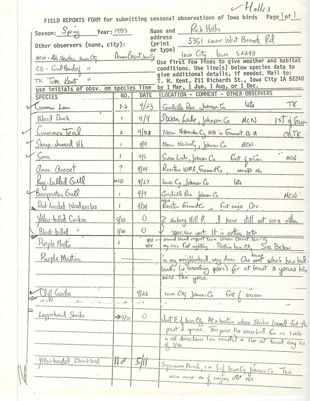 Spring report of birds contributed by Richard Jule Hollis. This item was used as supporting documentation for the Iowa Ornithologists' Union Quarterly field report of spring 1983.