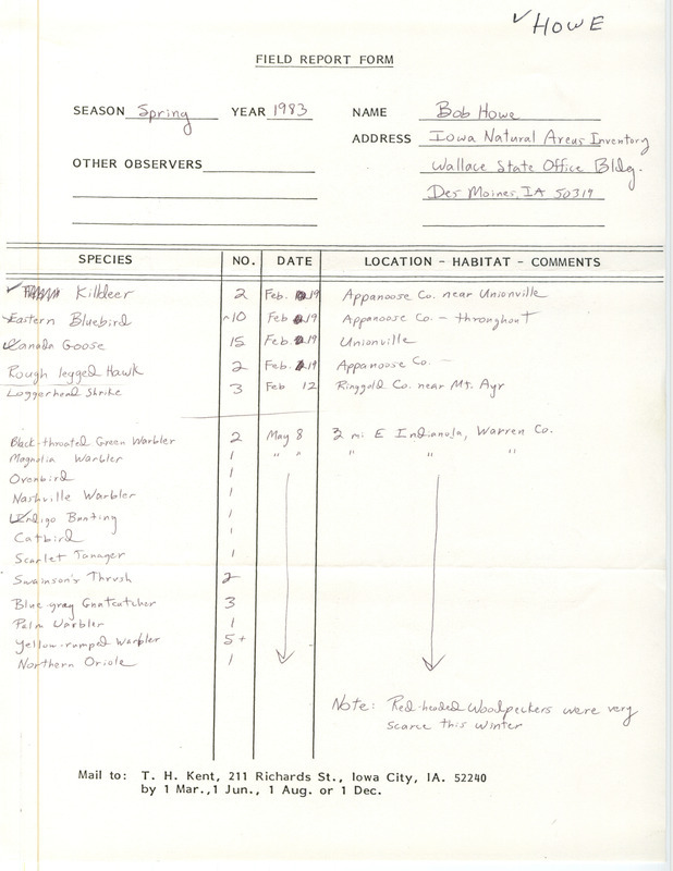 Spring report of birds contributed by Robert W. Howe. This item was used as supporting documentation for the Iowa Ornithologists' Union Quarterly field report of spring 1983.