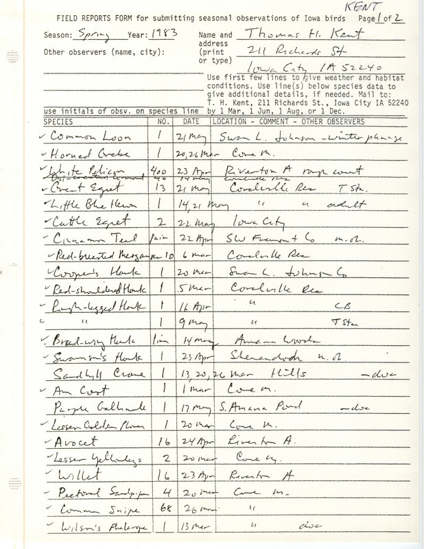 Spring report of birds contributed by Thomas H. Kent, spring 1983. This item was used as supporting documentation for the Iowa Ornithologists' Union Quarterly field report of spring 1983.