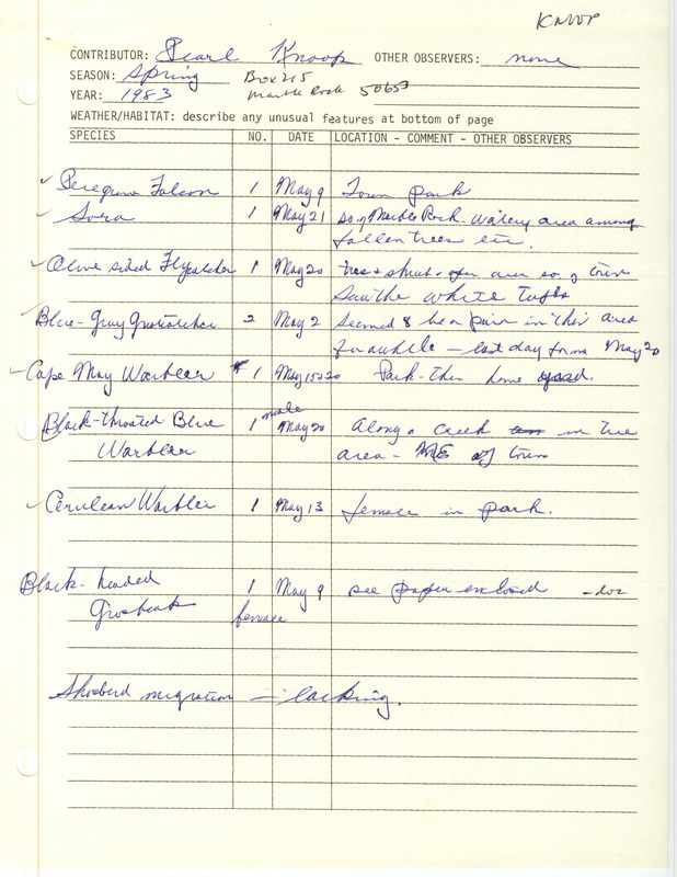 Spring report of birds found around Marble Rock contributed by Pearl Knoop. This item was used as supporting documentation for the Iowa Ornithologists' Union Quarterly field report of spring 1983.