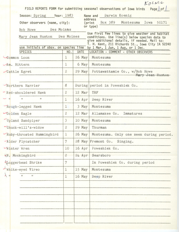 Spring report of birds contributed by Darwin Koenig. This item was used as supporting documentation for the Iowa Ornithologists' Union Quarterly field report of spring 1983.