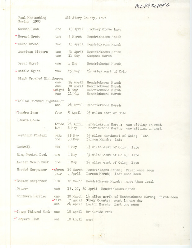 Spring report of birds found in Story County contributed by Paul Martsching. This item was used as supporting documentation for the Iowa Ornithologists' Union Quarterly field report of spring 1983.