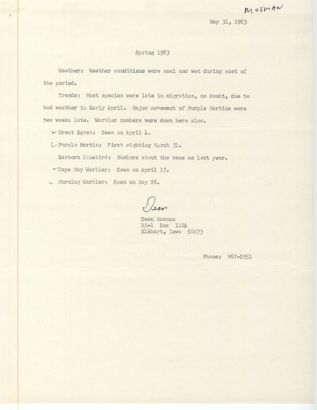 Spring report of birds contributed by Dean Mosman. This item was used as supporting documentation for the Iowa Ornithologists' Union Quarterly field report of spring 1983.