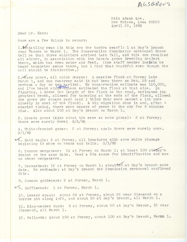 Letter from Mary R. Musgrove to Thomas H. Kent regarding spring bird sightings, April 29, 1983. This item was used as supporting documentation for the Iowa Ornithologists' Union Quarterly field report of spring 1983.