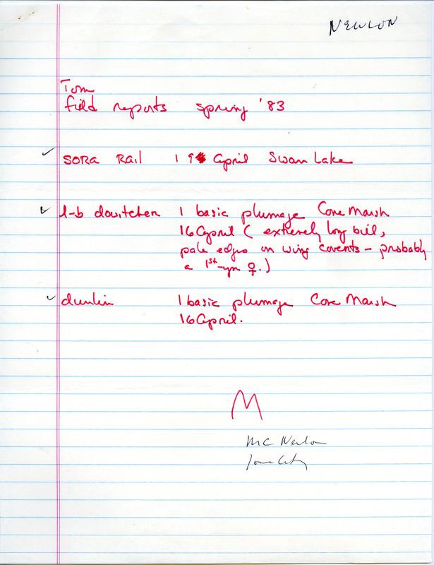 Letter from Michael C. Newlon to Thomas H. Kent regarding spring bird sightings. This item was used as supporting documentation for the Iowa Ornithologists' Union Quarterly field report of spring 1983.