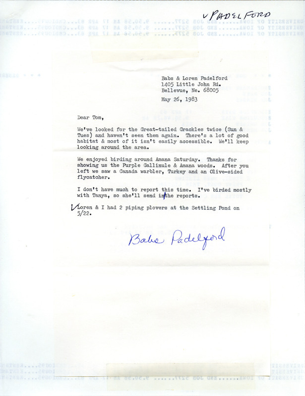 Letter from Babs Padelford to Thomas H. Kent regarding spring bird sightings, May 26, 1983. This item was used as supporting documentation for the Iowa Ornithologists' Union Quarterly field report of spring 1983.