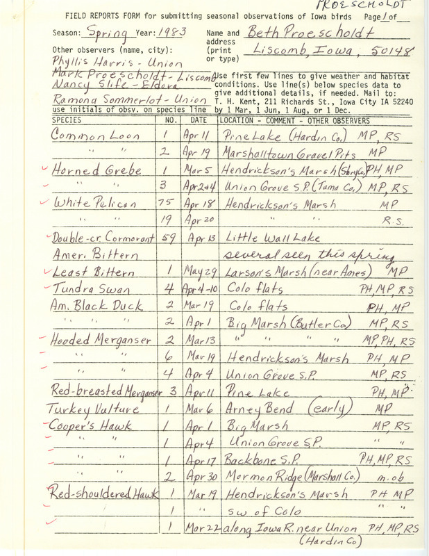 Spring report of birds and locations contributed by Beth Proescholdt. This item was used as supporting documentation for the Iowa Ornithologists' Union Quarterly field report of spring 1983.