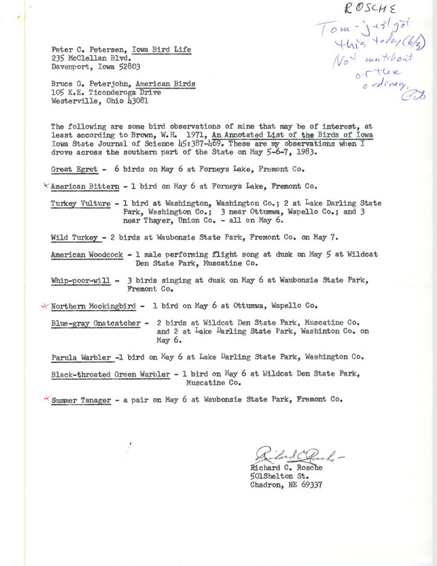 Spring report of birds found in southern Iowa contributed by Richard C. Rosche. This item was used as supporting documentation for the Iowa Ornithologists' Union Quarterly field report of spring 1983.