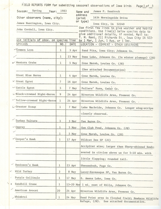 Spring report of birds and locations contributed by James P. Sandrock. This item was used as supporting documentation for the Iowa Ornithologists' Union Quarterly field report of spring 1983.