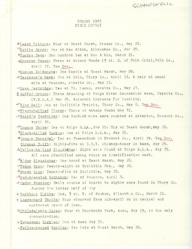 Spring report of birds and locations contributed by Joseph P. Schaufenbuel. This item was used as supporting documentation for the Iowa Ornithologists' Union Quarterly field report of spring 1983.