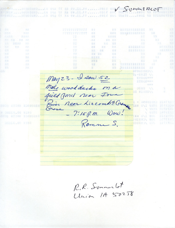 Spring report about a sighting of 52 male Wood Ducks on a pond near Liscomb and Grammer Grove County Wildlife Area contributed by Ramona R. Sommerlot, May 23, 1983. This item was used as supporting documentation for the Iowa Ornithologists' Union Quarterly field report of spring 1983.