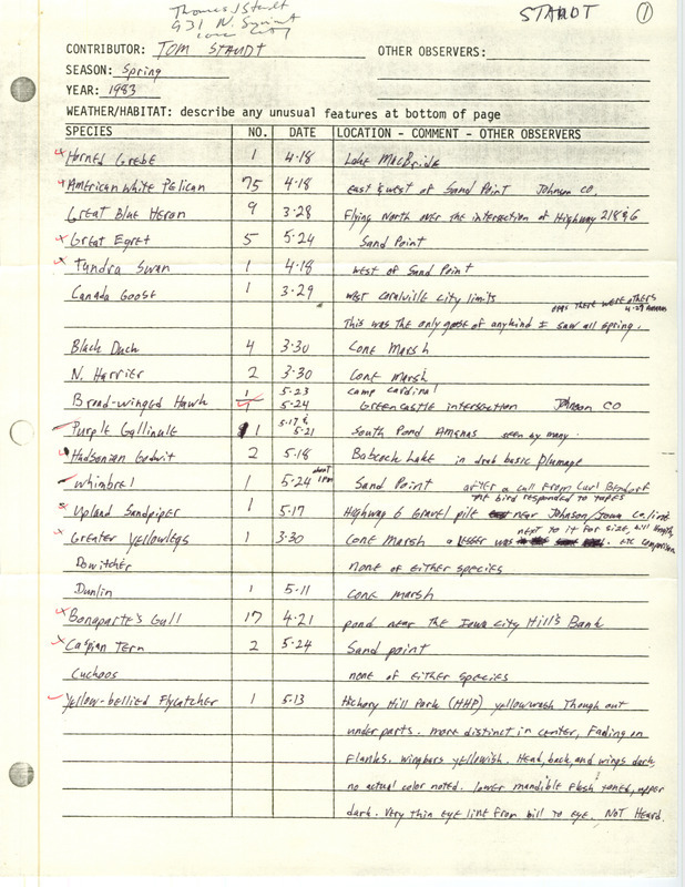 Spring report of birds and locations contributed by Thomas J. Staudt. This item was used as supporting documentation for the Iowa Ornithologists' Union Quarterly field report of spring 1983.